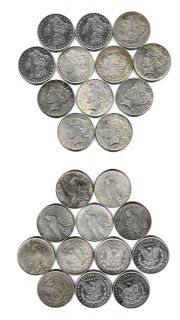 12 Silver Dollars 6 Morgan and 6 Peace Silver Dollars Assorted No
