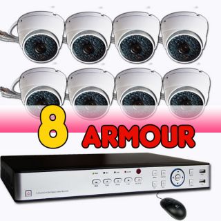 8CH H 264 DVR 8X600TVL Sony CCD Armor Dome White Camera CCTV Security