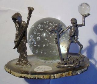 GLASS BUBBLE BALL Paperweight Grim Reaper Skeleton on Agate Slab