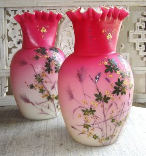 Christmas Gift Art Glass Twin Peach Blow Handpainted Vases
