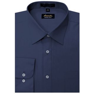 Mens Dress Shirt Plain Navy Blue Modern Fit Wrinkle Free Cotton Blend