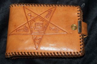 Vtg ORDER OF EASTERN STAR Mexican Tooled Leather Flower Wallet Brown