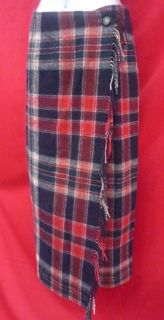 Eddie Bauer Christmas Long Red Plaid Fringes Wool Wrap Skirt Size 10 L