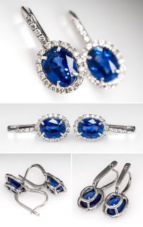  Blue Sapphire Diamond Halo Dangle Earrings Solid 14k White Gold