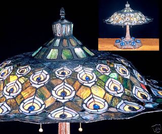 Tiffany Replica Peacock Stained Glass Lamp w Inkwells