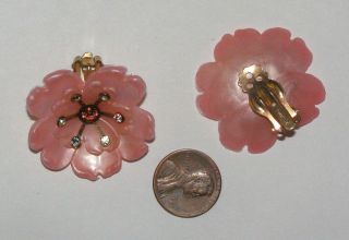 Vintage Pink Plastic Flower Clip on Earring Rhinestone