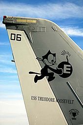 Felix on the tail of an airplane now at the Evergreen Aviation Museum