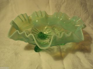  Antique Green Opalescent Fluted Bowl 3 Legs Celtic