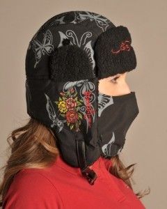 NWT Ed Hardy Butterfly Roses Winter Beanie Ski Cap w Removable Face
