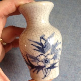 Small Crackled Painted Porcelain Mini Vase China Blue Floral Nice Odd