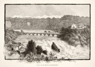 1891 Wood Engraving Whymper Rhine Waterfall Rheinfall Schaffhausen