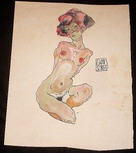 Watercolor Painting Signed Egon Schiele Original Artwork