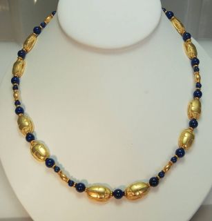 Lapis Egyptian Scarab Necklace   22 Karat Gold Plated Scarab Beetles
