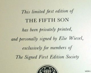 The Fifth Son   SIGNED Elie Wiesel   Limited First Edition   Leather