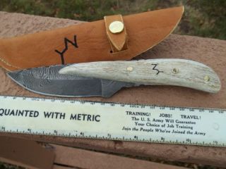   Point Damascus Hunting Knife with Filework and Elk Antler Handle 2