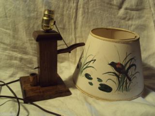 Wooden Water Well Table Lamp Signed Handpainted Shade