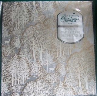 Vintage Hallmark Christmas Gift Wrap Gold Silver Trees w Deerl