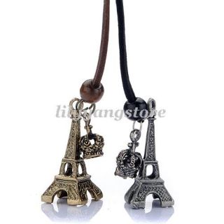 Eiffel Tower Crown Pendant Necklace Leather Long Chain