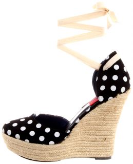  White Polka dots Wedge Platform Espadrilles Sandals women shoes sz 6.5