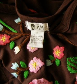 Elam Brown Colorful Embroidered Floral Stretch Top s Fitted V Neck
