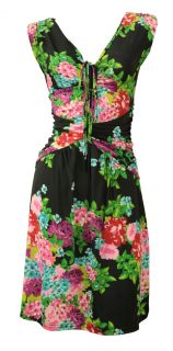 Black Pink Green Hydraengea Print Stretch Day Dress Size 14 New