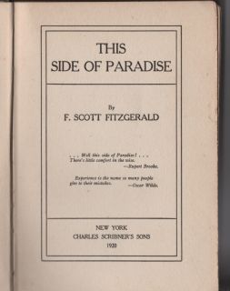Scott Fitzgerald This Side of Paradise 1st Ed 9th Printing 1920 Free