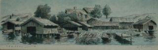 Small Work Lithograph Waterfront Village by R Eriksson