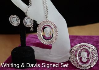 Whiting Davis Carved Intaglio Crystal Cameo Cuff Bracelet Necklace