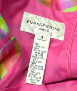 Evan Picone Size 4 s Silk Bold Sheath Check Print Dress Pink Blue