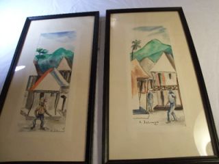 Emmanuel Jolicoeur Haitian Artist Set of 2 Framed Original Watercolors
