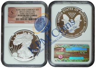 2012 s Proof $1 Coin and Currency Set Silver Eagle NGC PF69UC Early