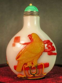 Eximious Hawk Flower Bird Carved Chinese Peking Glass Snuff Bottle