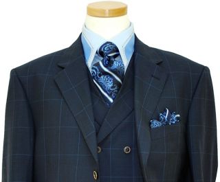 EXTREMA NAVY PLAID W/ SKY BLUE WINDOWPANES 140S WOOL VESTED SUIT