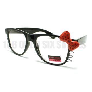 Rhinestone Bow Kitty Eyeglass Frame Womens Nerd Geek Clear Lens Black