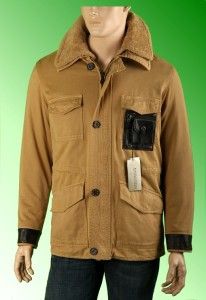 New Ermanno Scervino Camel Shearling Collar Leather Cargo Winter Coat