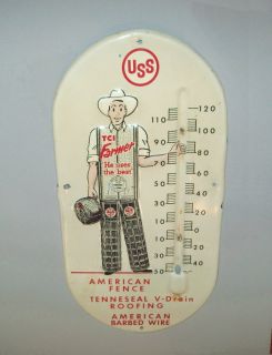  AMERICAN BARBED WIRE & FENCING EMBOSSED TIN FARM SIGN ADV THERMOMETER