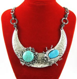 silver tone Chunky Cool Ethnic Style Turquoise Bead Pendant Necklace