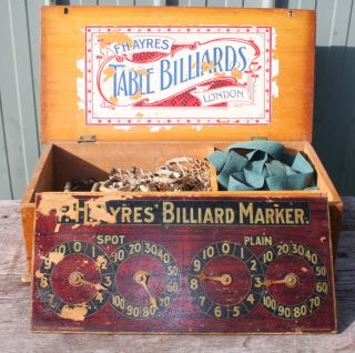 Antique F H Ayers Table BILLARDS Set Marker Cue Pockets