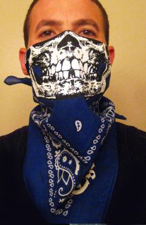 White Skull Blue Paisley Bandana Half Face Mask Calavera Vato Cholo