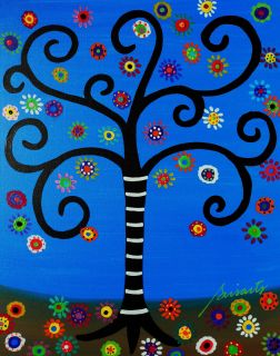 Mexican Folk Art Tree of Life Flowers 20x16 Original Prisarts