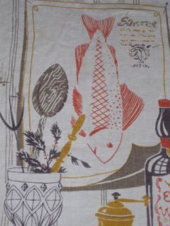 Vtg Kitchen Tea Dish Towel Signed Fish Sherry Cotton Linen Print 28 x