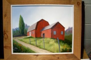Signed Vintage Red Barn Wine Country Farm Scene Oil on Canvas Barn
