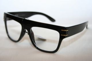 Flat Top Super Nerd Glasses Clear Lense Large Geek Black Gold Frame