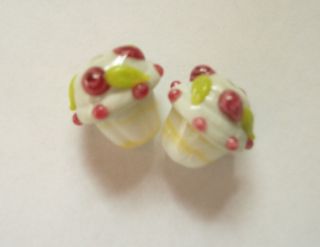 Handmade Lampwork Glass Beads Flowery Vanilla Cupcake Bead Rose