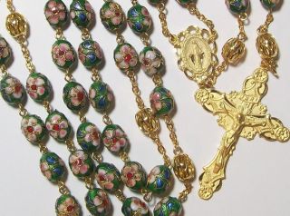 10mm GP Pewter Oval Green Cloisonne Rosary