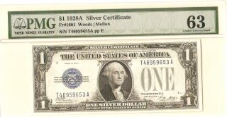 Fr 1601 1928A $1 Silver Certificate Woods Mellon PMG Choice