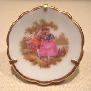 Limoges Butter Pat Fragonard Courting Couple with Stand