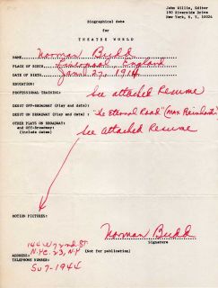  Film TV Actor Norman Budd Signed Theatre World Biography Form