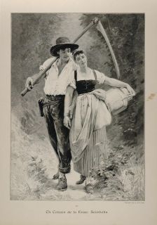 1893 Coessin De La Fosse Peasants Lovers Engraving   ORIGINAL