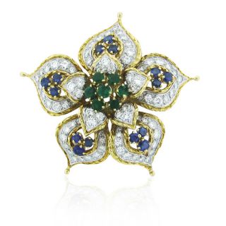  18K Gold Certified Emerald Sapphire Diamond Brooch